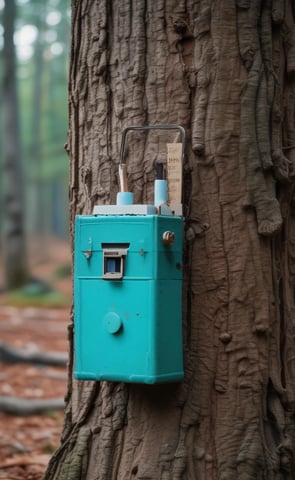 A tree trunk with white and green paint markings is displayed in a forest setting. The background includes additional trees with foliage, creating a natural environment.