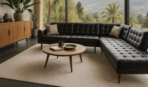 Black Mid-Century sectional in a sunlit room with wood ceilings and neutral decor