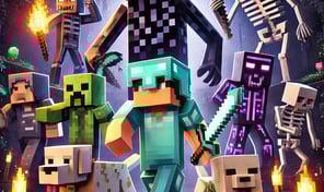 Minecraft battle scene featuring multiple characters fighting against a giant Enderman, skeletons