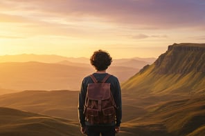 uma pessoa em pé no topo de uma montanha com uma mochila