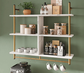 Shelve with marble and gold displaying items