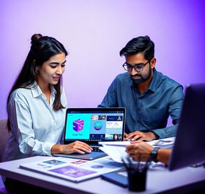 This image about 2 employee who are representing logo designs