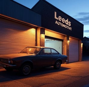 Leeds garage at dusk, ready for SEO success with local consultant.