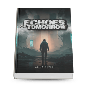 "Book titled 'Echoes of Tomorrow' by Alina Reyes, featuring a lone figure in a dystopian landscape with ruined structures."