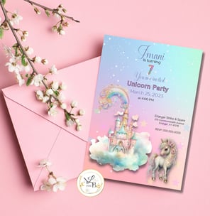 Rainbow unicorn birthday party invitation and envelope