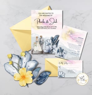 Mountain Scenery and bridal couple on wedding invitation suite