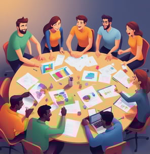a group of people sitting around a table with papers and papers