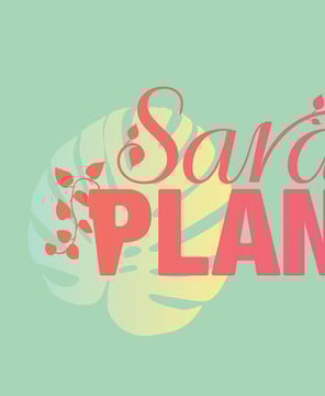 Logo featuring a bold coral-red letter ‘P’ with a botanical theme, including a monstera leaf and vin