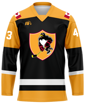 Custom ice hockey jersey #6 front – Yellow/Black sublimation on top polyester fabric | Realm Hawk