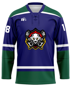 Custom ice hockey jersey #3 front – Blue/Green sublimation on wicking polyester fabric | Realm Hawk