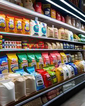 alimentos secos, arroz, harina, azúca, frijoles, leche en polvo