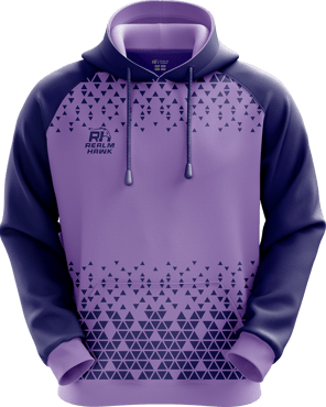 Sports hoodie 3D mockup #4 front – Purple/Navy sublimation on premium polyester fabric | Realm Hawk