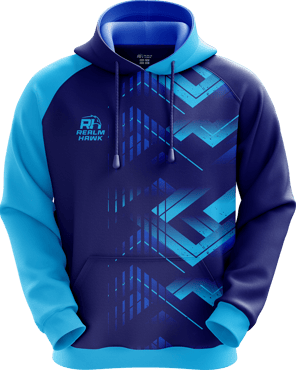 Sports hoodie 3D mockup #3 front –Indigo/Sky sublimation on performance polyester fabric |Realm Hawk