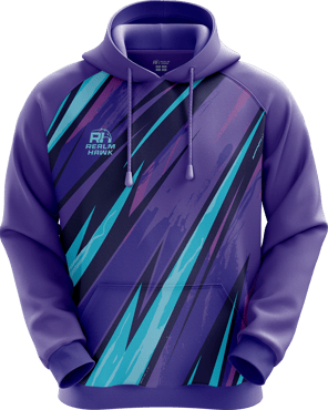 Sports hoodie 3D mockup #6 front – Purple/Teal sublimation on premium polyester fabric | Realm Hawk