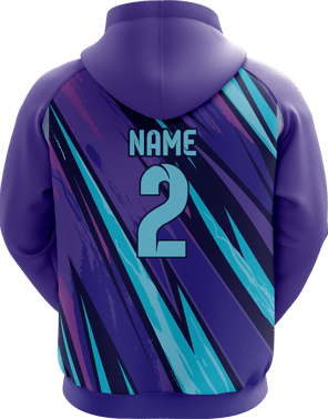 Sports hoodie 3D mockup #6 back – Purple/Teal sublimation on premium polyester fabric | Realm Hawk