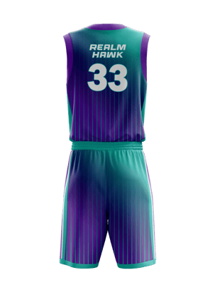 Custom basketball jersey mockup #4 back – Purple/Teal sublimation on polyester fabric | Realm Hawk