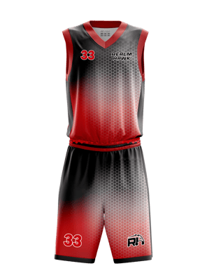 Custom basketball jersey mockup #3 front –Red Honey Comb sublimation on polyester fabric, Realm Hawk