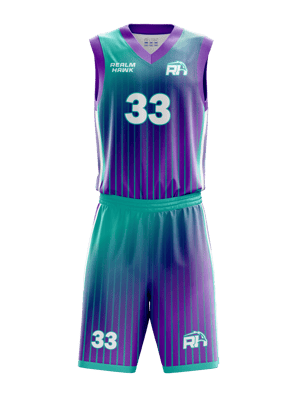 Custom basketball jersey mockup #4 front – Purple/Teal sublimation on polyester fabric | Realm Hawk