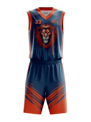 Custom basketball jersey mockup #5 front – Navy/Orange sublimation on polyester fabric | Realm Hawk