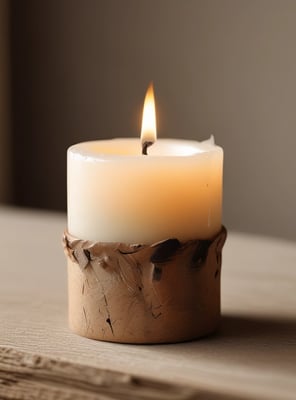 A collection of artisan candles with dried flowers and herbs embedded in the wax is arranged on a wooden surface. The candles vary in size, with some in glass containers. The dried flowers include lavender and rose petals, adding a rustic and handmade aesthetic. Soft lighting enhances the warm and cozy atmosphere.