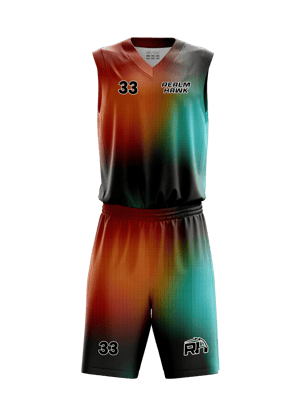 Custom basketball jersey mockup #1 front – Teal/Orange sublimation on polyester fabric | Realm Hawk