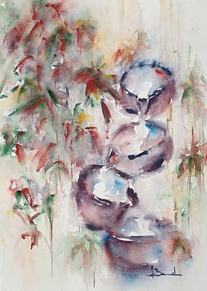 Peinture 4 vasques communiquantes telles une fontaine d'eau