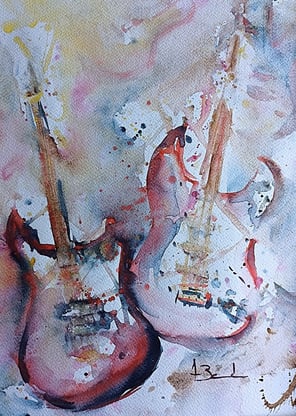 Peinture Aquarelle 2 Guitares rouges et bleues sur fond abstrait