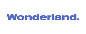 a blue and white logo with the words wonderlandland