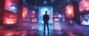 a man standing in front of a large screen with multiple screensavers