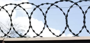 a barbed wire fence with barbed wire and barbed wire