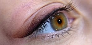 a close up of a person's eye with a brown eye