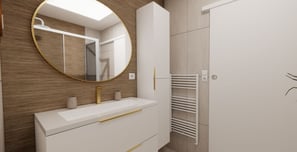 Salle d'eau rénovée avec revetement carrelage effet bois, mobilier blanc laqué et robinetterie or