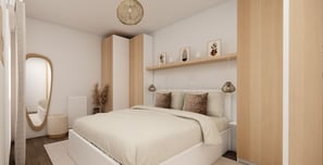 Chambre bohême avec rangement sur mesure autour du lit 