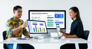 digital marketing consultant, presenting seo and social media results report to client