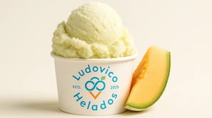 Helado artesanal de melón en tarrina Ludovico con rodaja de melón cantalupo
