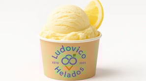 Helado artesanal de limón en tarrina Ludovico con rodaja de limón natural