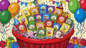 a basket of birthday presents for a child's birthday
