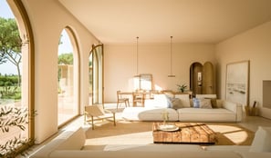 a living room with a couch and a table