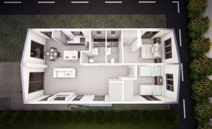 a house with a floor plan and a view of a house. double lodge. eps panel. portable. affordable.