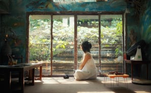 Person in a white dress sitting on the floor, peacefully looking out a large window into a lush gard