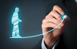 Hand drawing upward arrow lifting a digital human figure, symbolizing student talent development