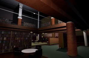 Coded Black gameplay screenshot showing a library with a burning figure in the background