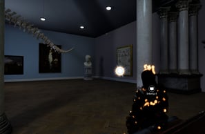 Coded Black gameplay screenshot showing a museum exhibition with a dinosaur, and a burning figure with an interact option.