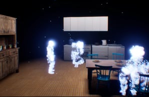 Coded Black gameplay screenshot showing a kitchen scene with a family who are glowing figures.