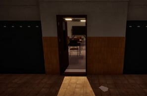 Coded Black gameplay screenshot showing a school hallway and an open door looking into a classroom.