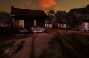 Coded Black gameplay screenshot showing slave quarters on a plantation with a series of small wooden slave houses.