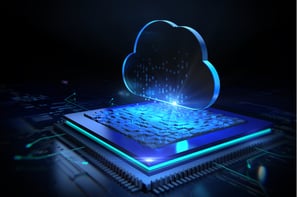 Futuristic cloud and microchip representing AI-powered platform architecture