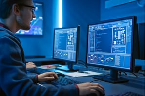 Engineer working with multi-screen control system illustrating precision in solution deployment.