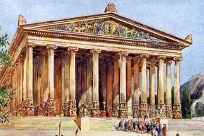 Templo grandioso dedicado à deusa Ártemis em Éfeso, uma das 7 Maravilhas do Mundo Antigo, com coluna