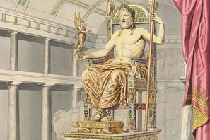 Estátua colossal de Zeus em Olímpia, uma das 7 Maravilhas do Mundo Antigo, feita de ouro e marfim.